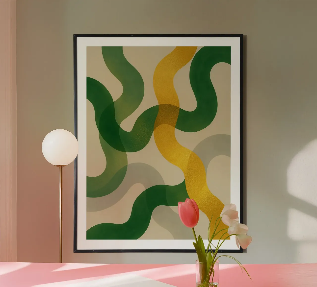 Abstract Wall Art with Gold, Green & Gray Translucent Waves poster by Aquarevo