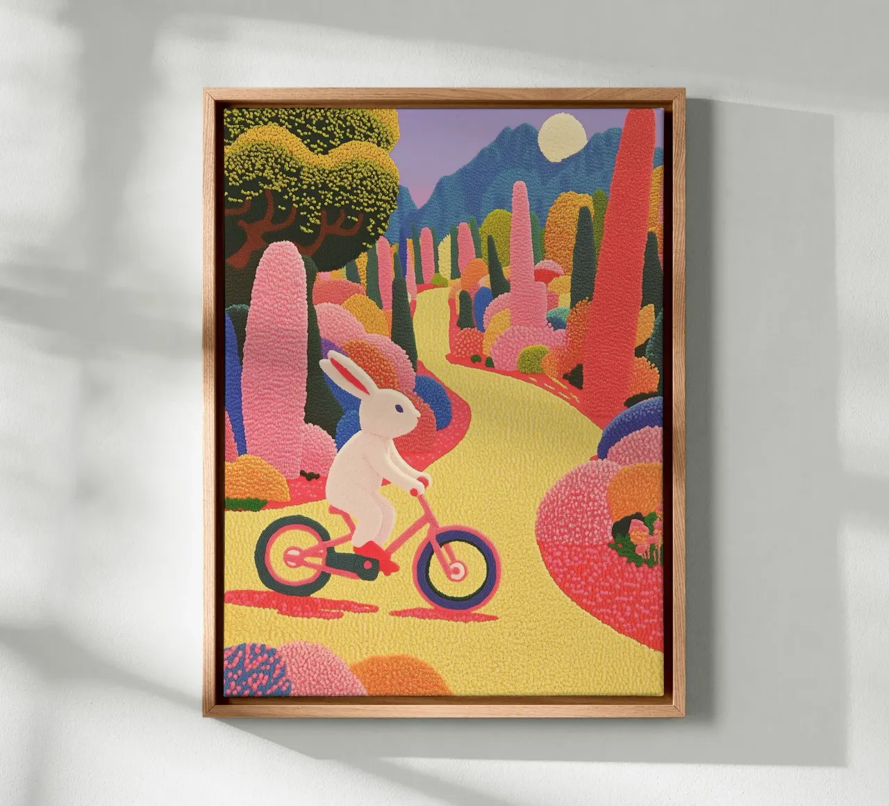 Coniglio rosa in bicicletta - Poster creativo per la camera dei bambini tela con Cornice a cassetta da Kaji