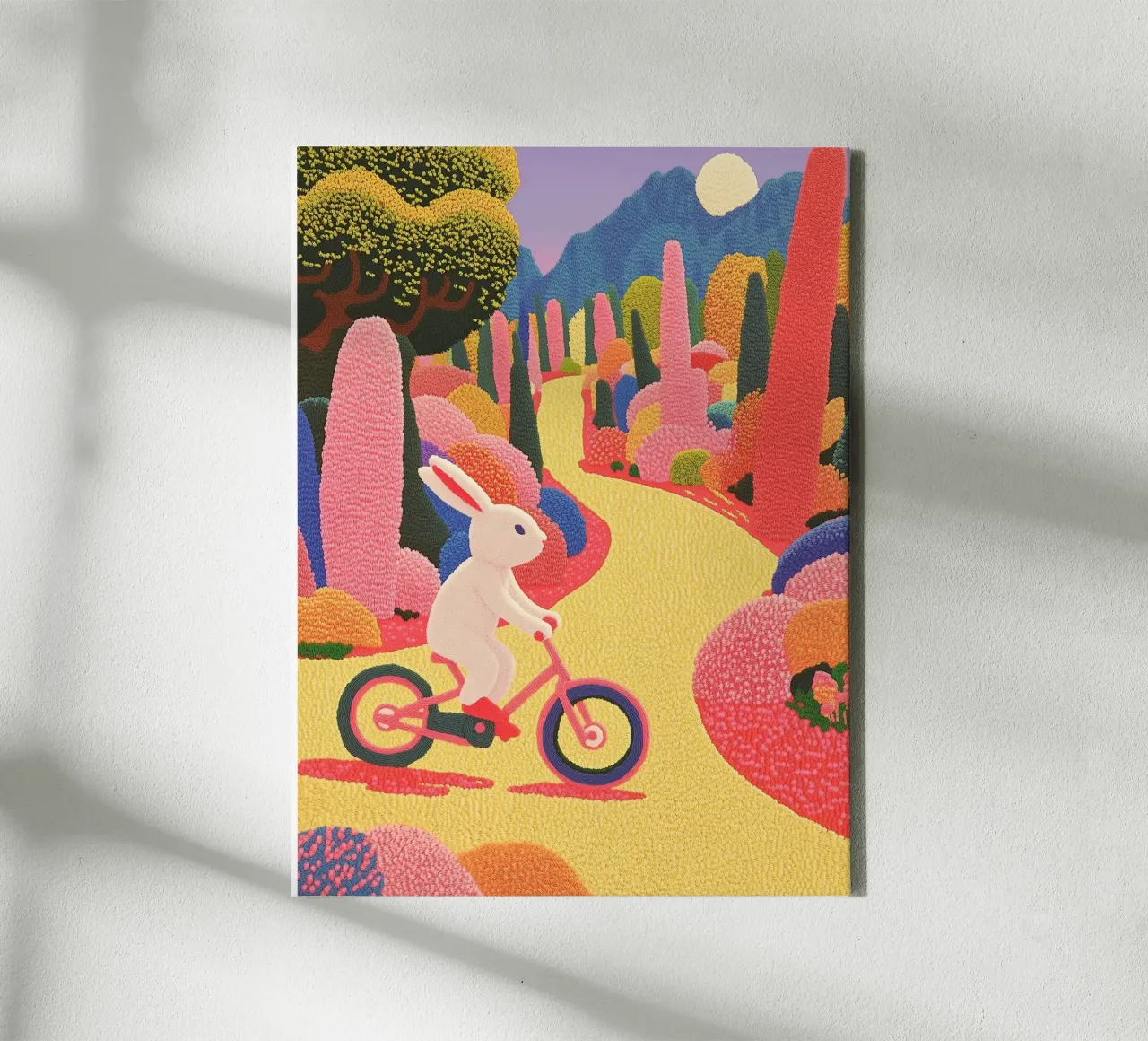 Coniglio rosa in bicicletta - Poster creativo per la camera dei bambini tela con Cornice a cassetta da Kaji