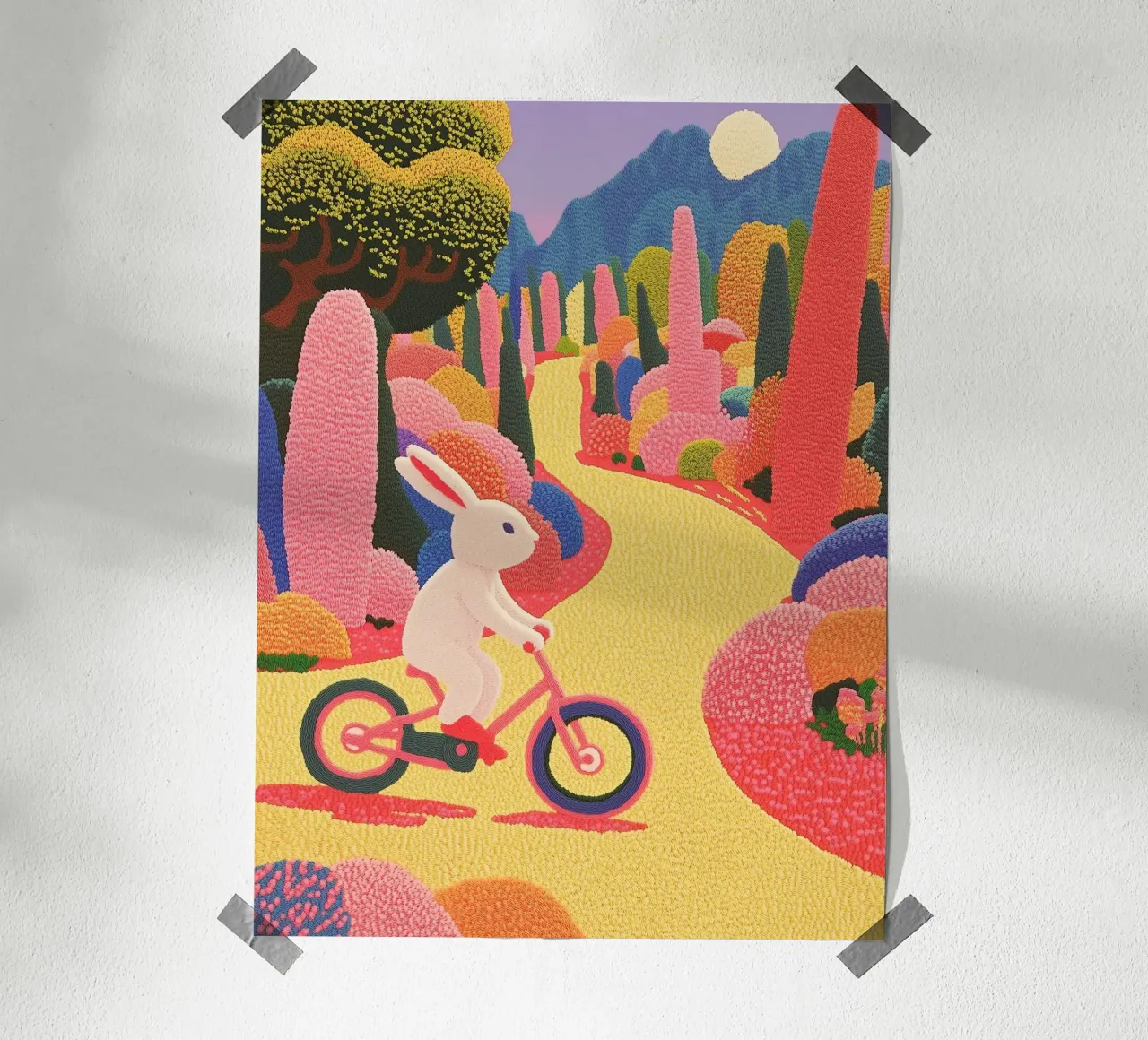 Coniglio rosa in bicicletta - Poster creativo per la camera dei bambini poster con telaio in plastica da Kaji