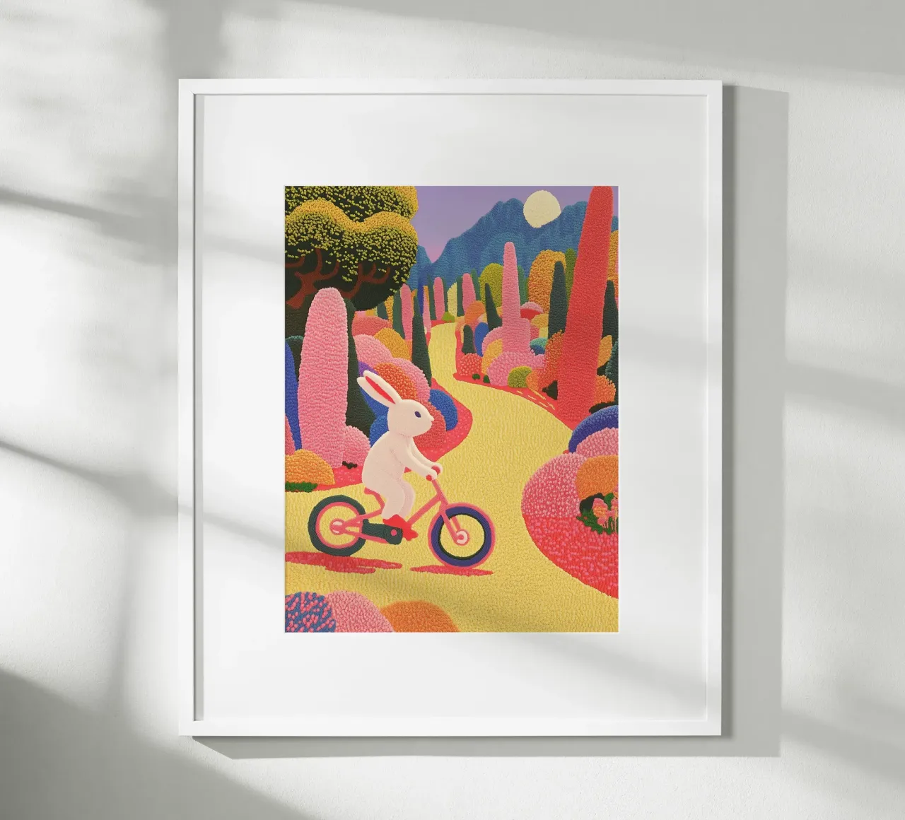 Coniglio rosa in bicicletta - Poster creativo per la camera dei bambini poster con telaio in plastica da Kaji
