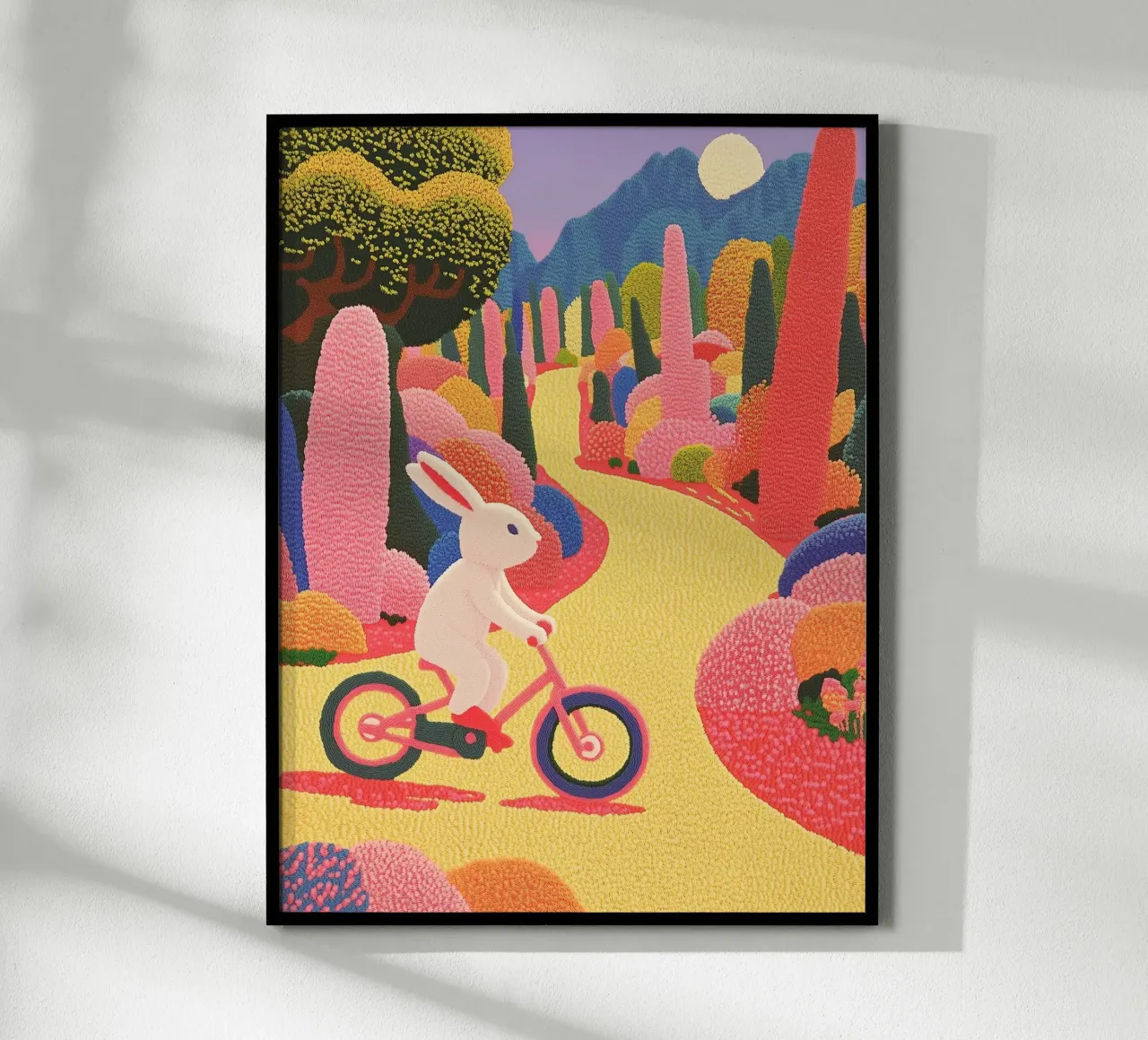 Coniglio rosa in bicicletta - Poster creativo per la camera dei bambini poster con telaio in plastica da Kaji