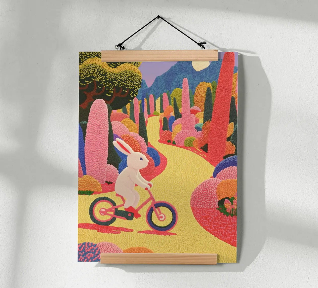 Coniglio rosa in bicicletta - Poster creativo per la camera dei bambini poster con telaio in plastica da Kaji