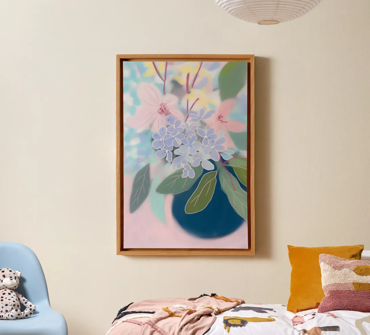 Zachte bloempotbloesems canvas met Baklijst van Carinaprint