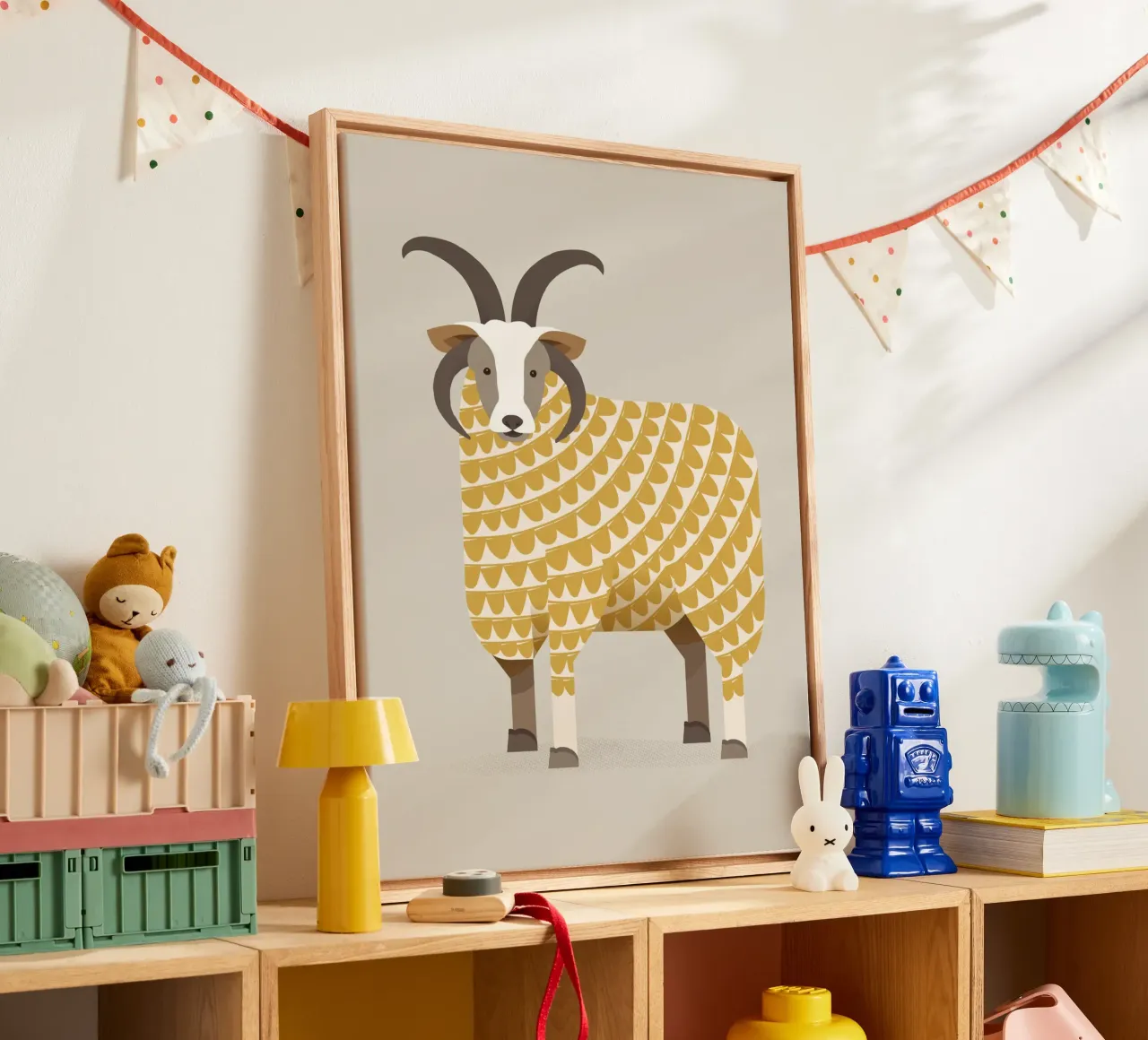 Whimsical Jacob Sheep canvas with Floater frame by The Printed Sparrow