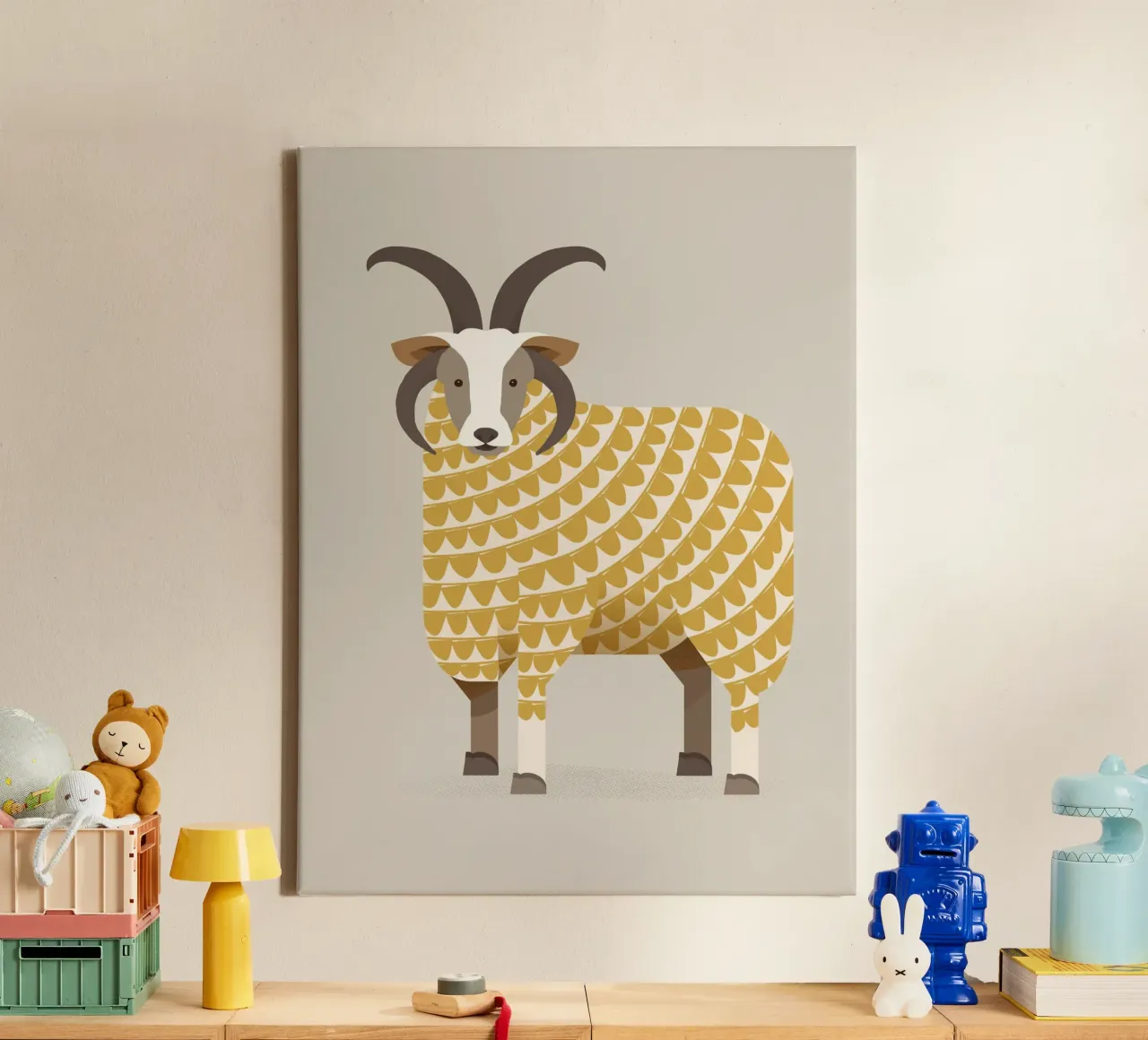Whimsical Jacob Sheep canvas with Floater frame by The Printed Sparrow