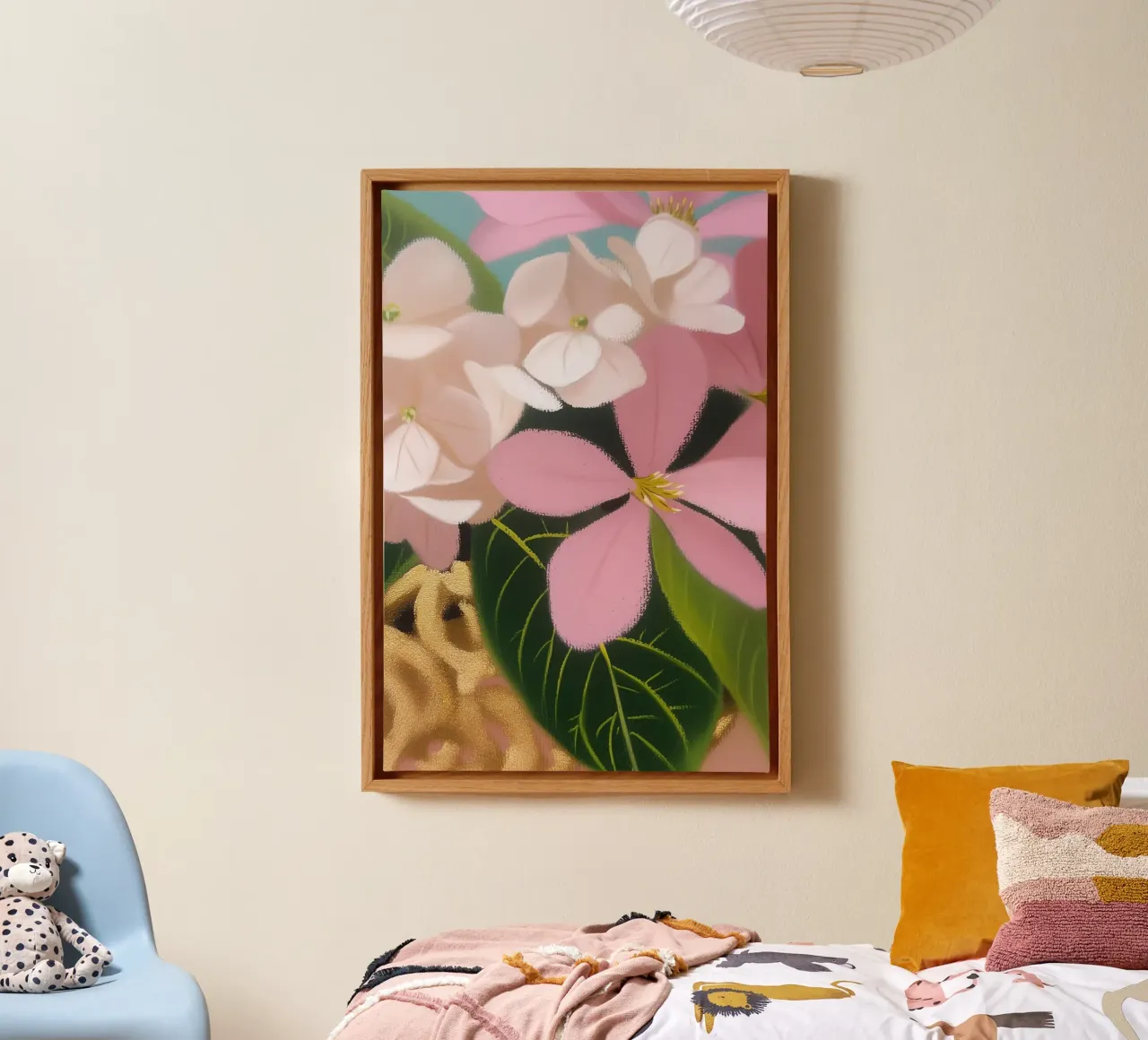 Bloemenmagie in pastelgoud canvas met Baklijst van Carinaprint