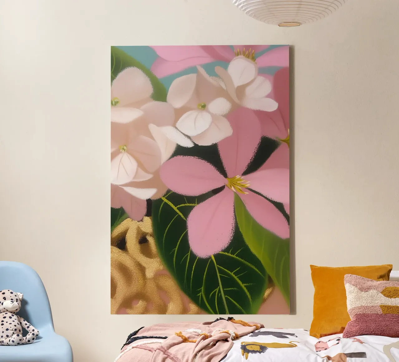 Bloemenmagie in pastelgoud canvas met Baklijst van Carinaprint