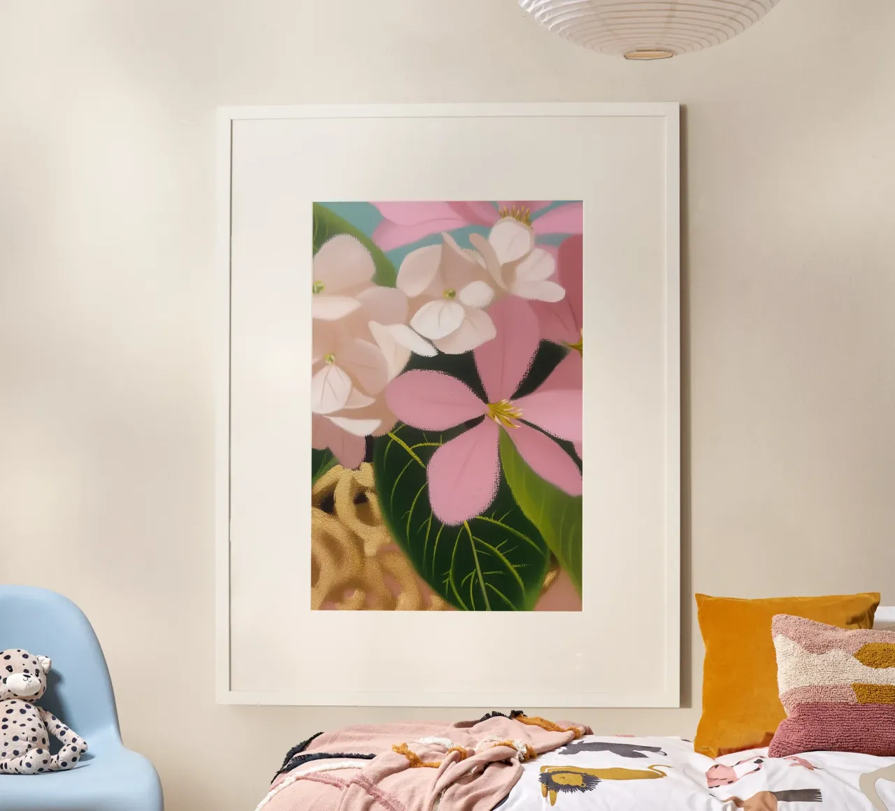 Magia floreale in oro pastello poster con telaio in legno da Carinaprint