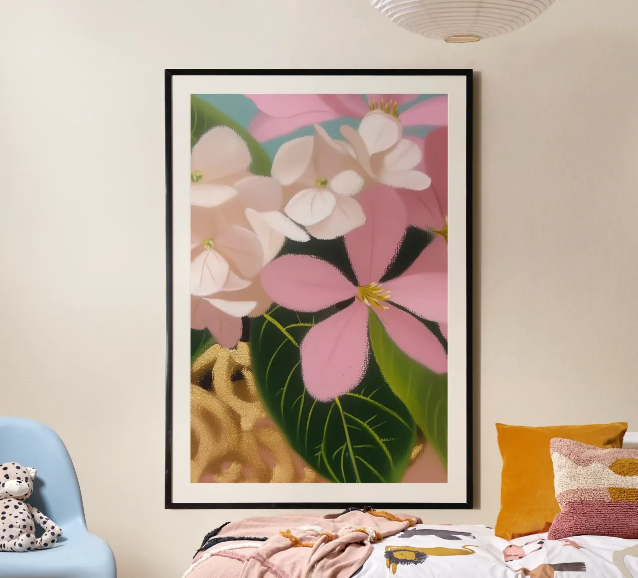 Magia floreale in oro pastello poster con telaio in legno da Carinaprint