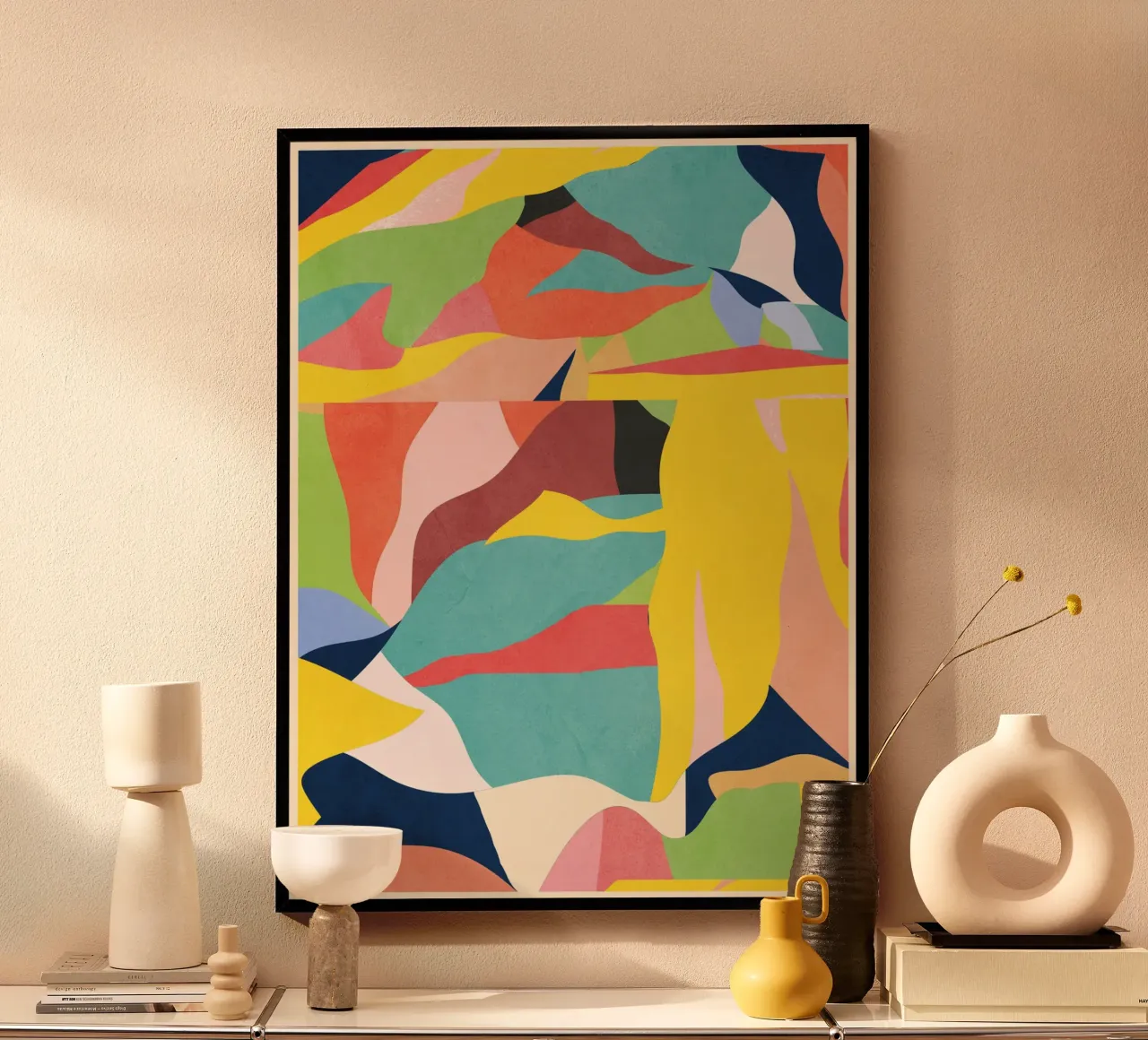 Kleurrijke abstracte kunst poster met aluminium frame van ThingDesign