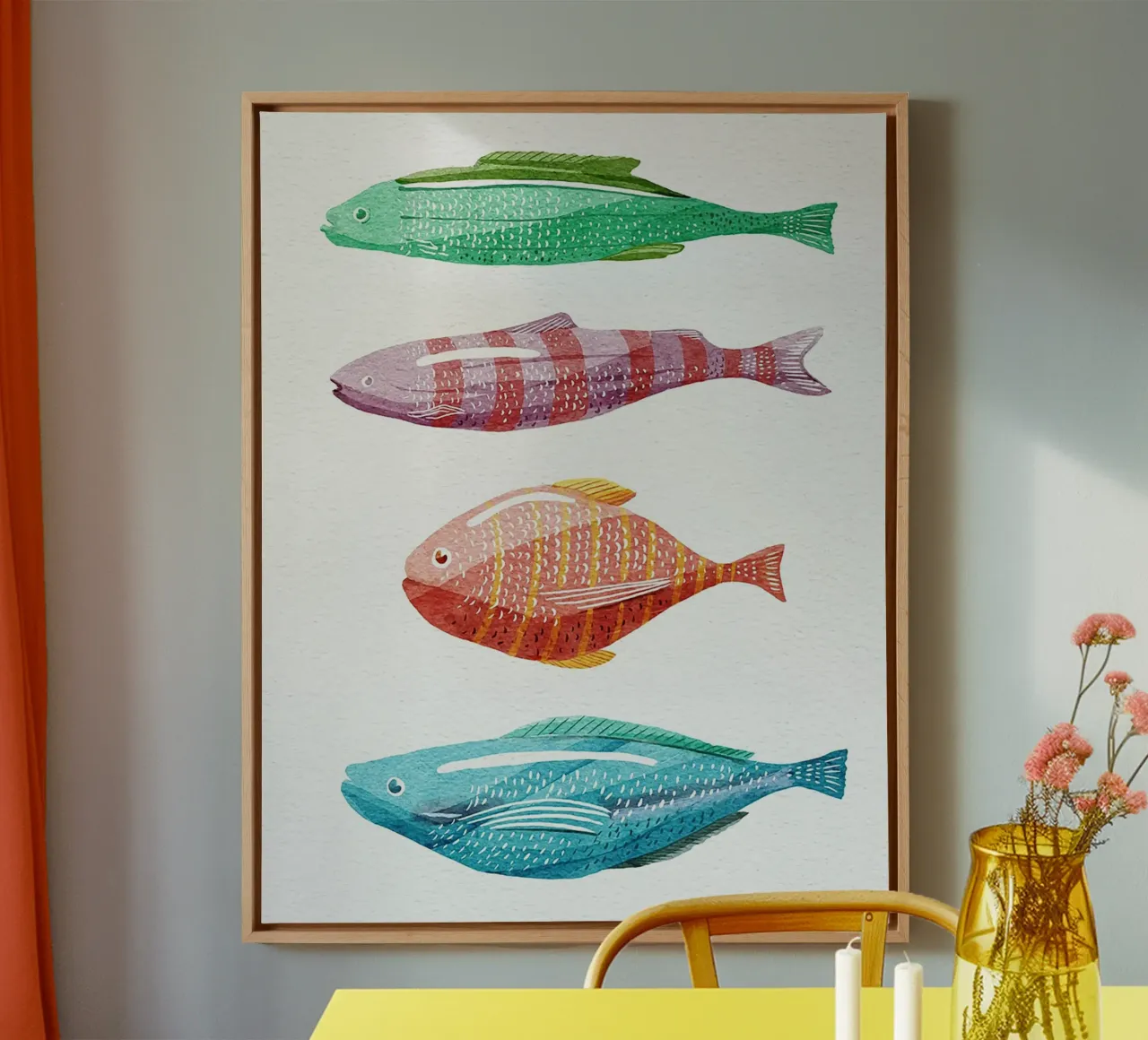 Vier kleurrijke vissen canvas met Baklijst van Katie O'Shea