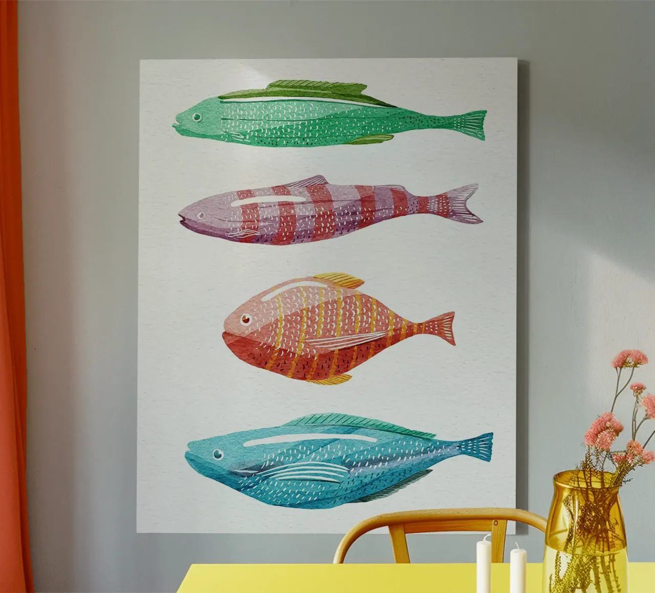 Vier kleurrijke vissen canvas met Baklijst van Katie O'Shea