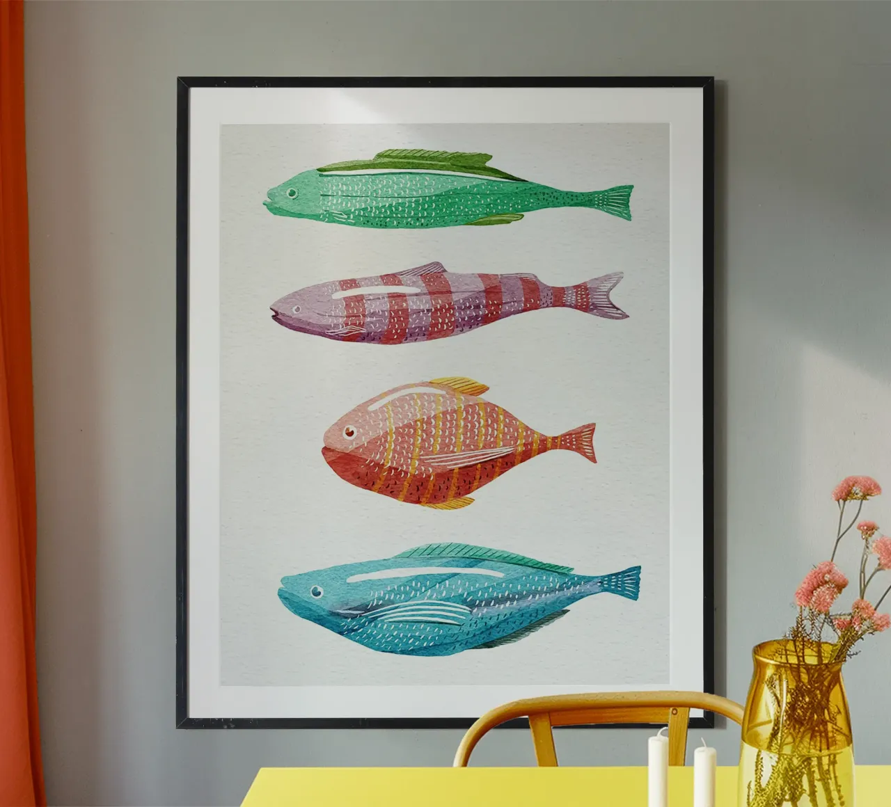 Quattro pesci colorati poster con telaio in alluminio da Katie O'Shea