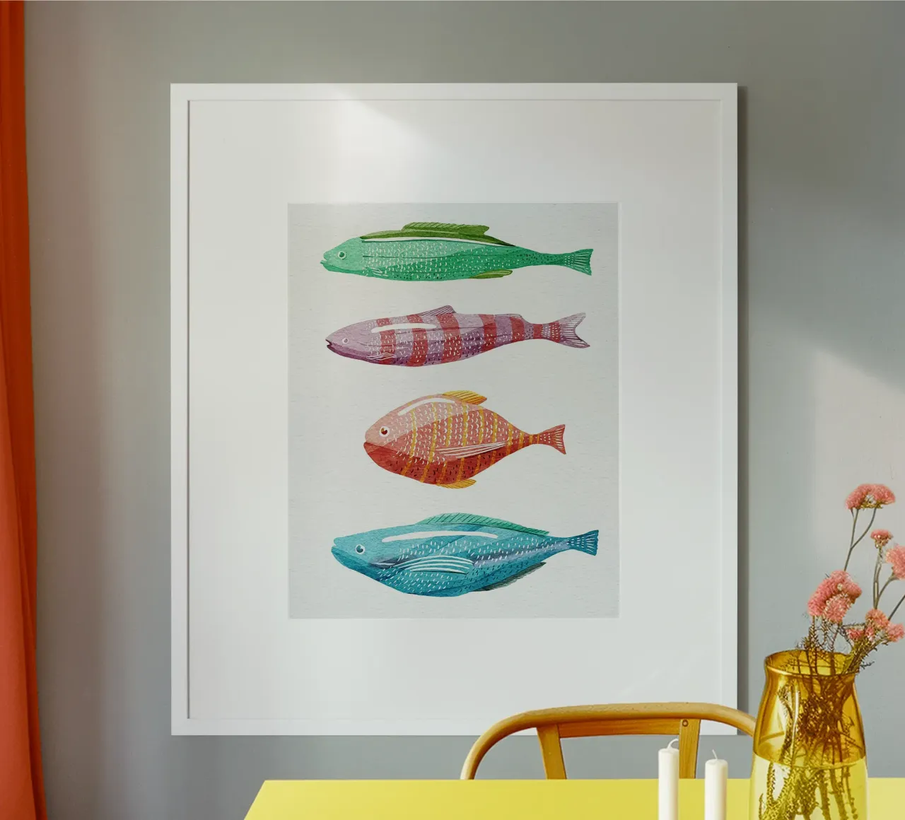 Quattro pesci colorati poster con telaio in alluminio da Katie O'Shea