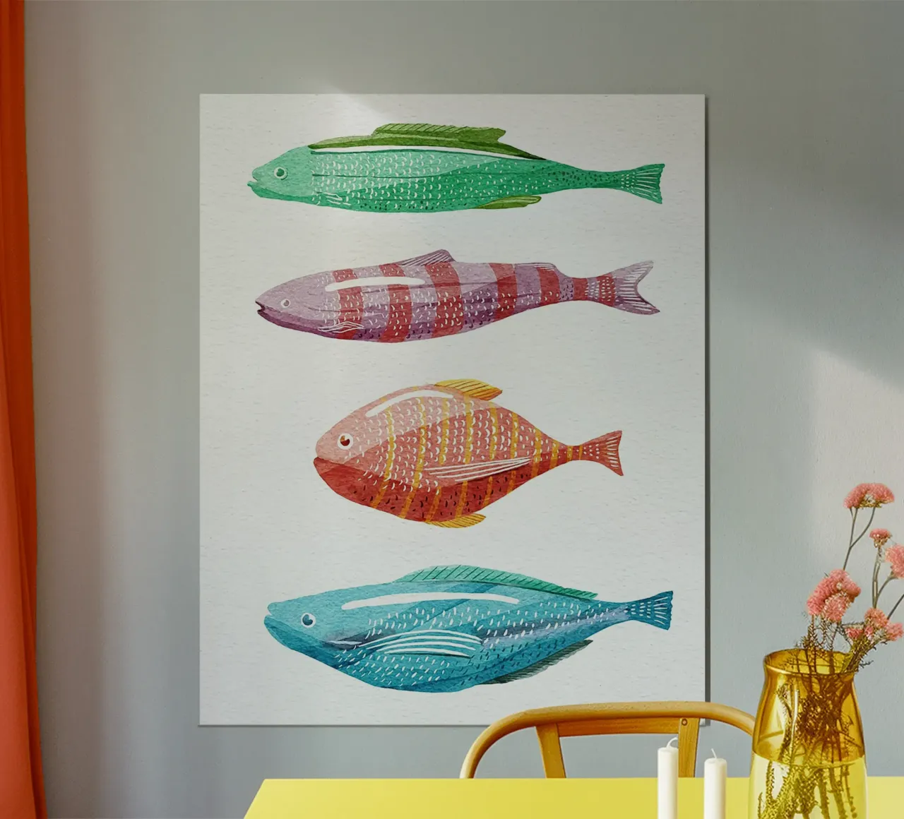 Quattro pesci colorati poster con telaio in alluminio da Katie O'Shea