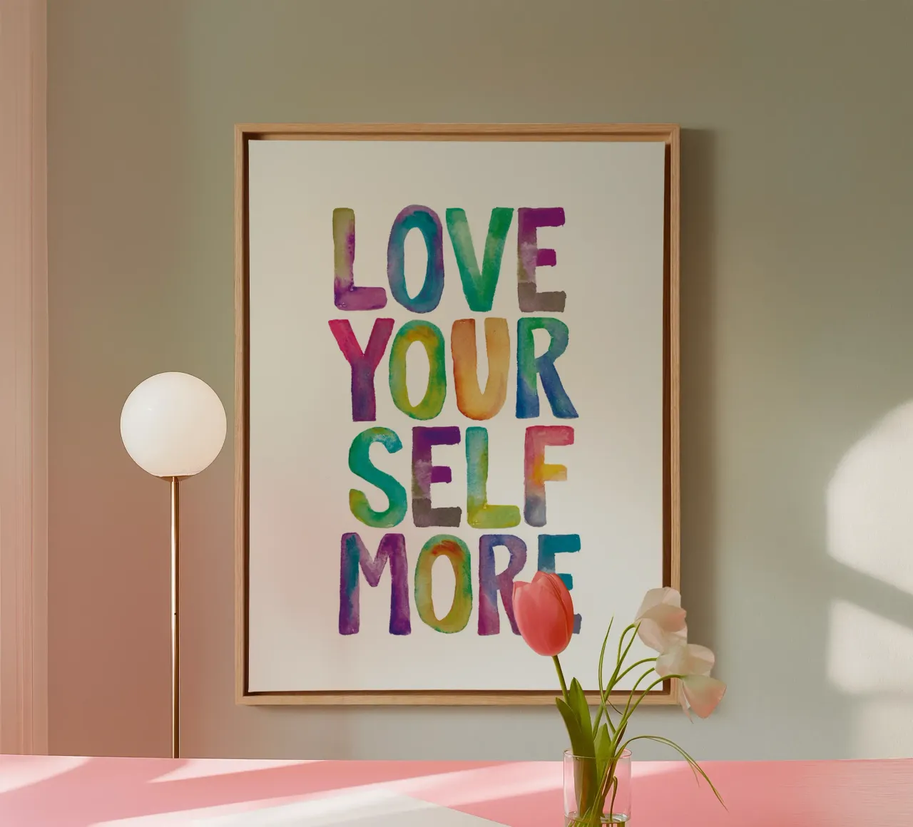 Love Your Self More Acquerello Arcobaleno Tipografia Design tela con Cornice a cassetta da THE MOTIVATED TYPE