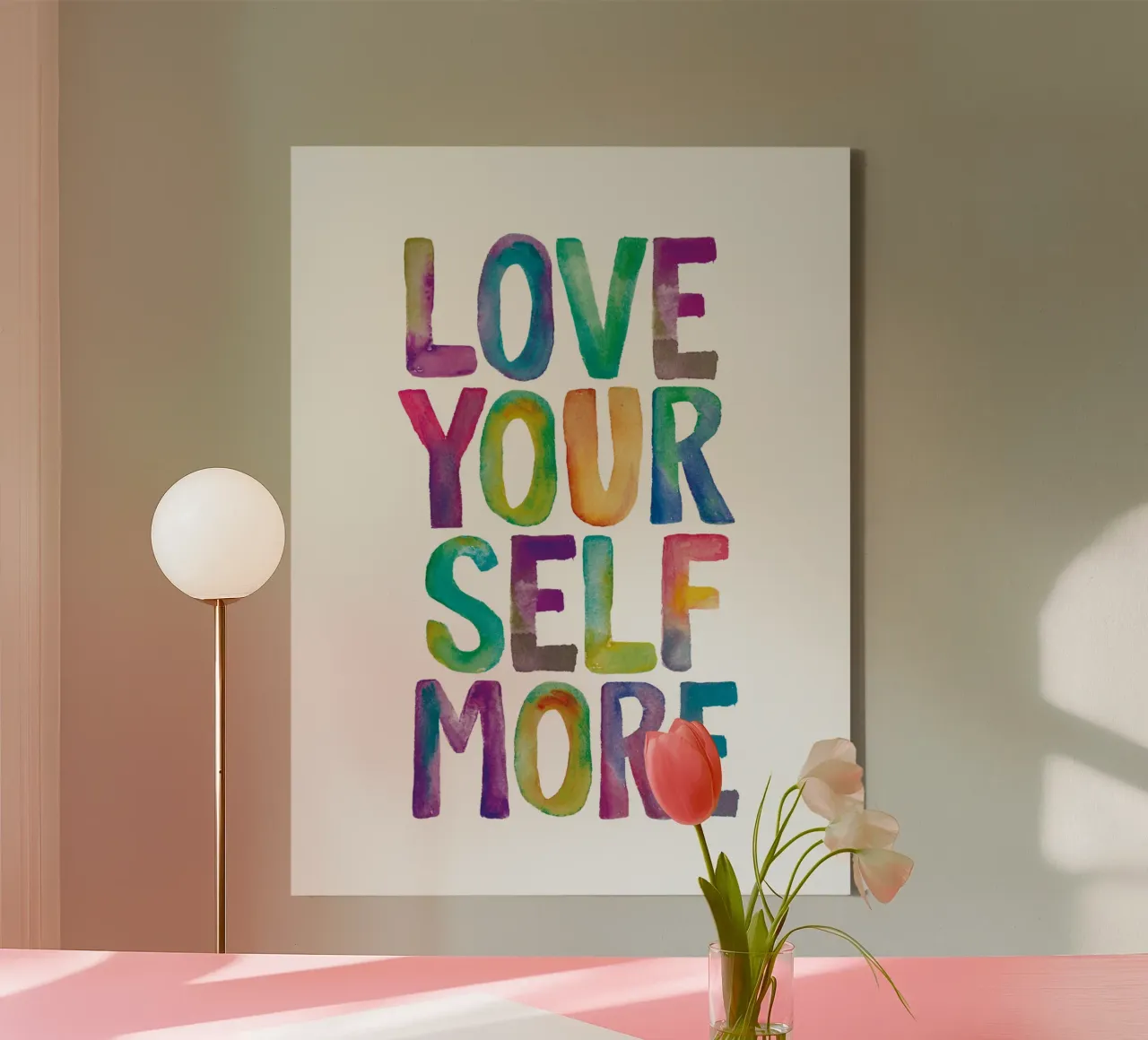 Love Your Self More Acquerello Arcobaleno Tipografia Design tela con Cornice a cassetta da THE MOTIVATED TYPE