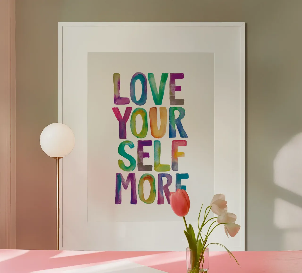 Love Your Self More Acquerello Arcobaleno Tipografia Design poster con telaio in alluminio da THE MOTIVATED TYPE