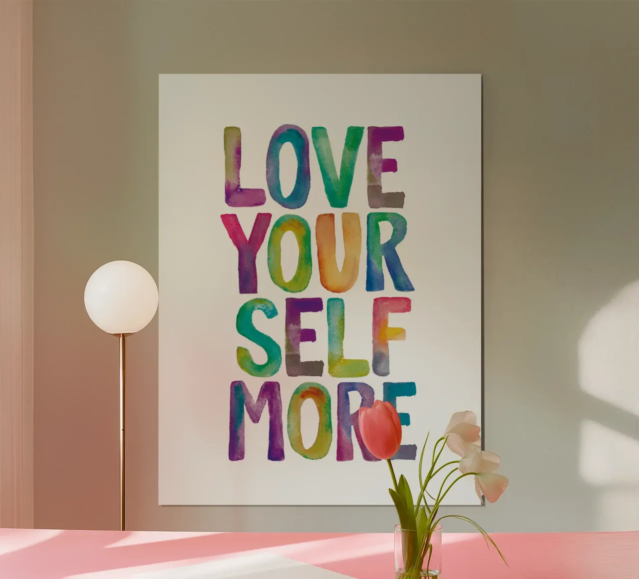 Love Your Self More Acquerello Arcobaleno Tipografia Design poster con telaio in alluminio da THE MOTIVATED TYPE