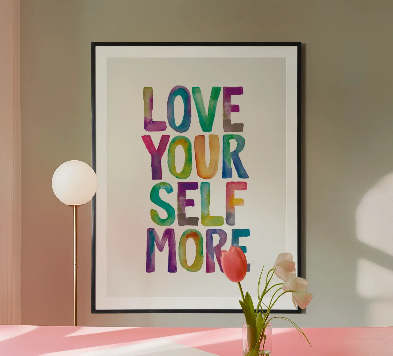 Love Your Self More Acquerello Arcobaleno Tipografia Design poster con telaio in alluminio da THE MOTIVATED TYPE