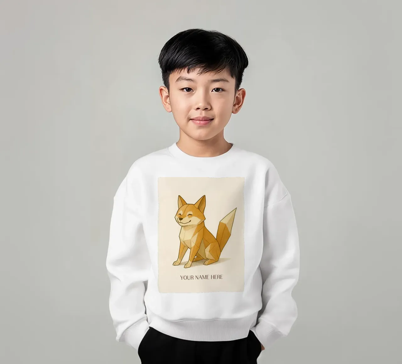Origami Shiba Inu with Personalised First Name kids sweatshirt by japanfox