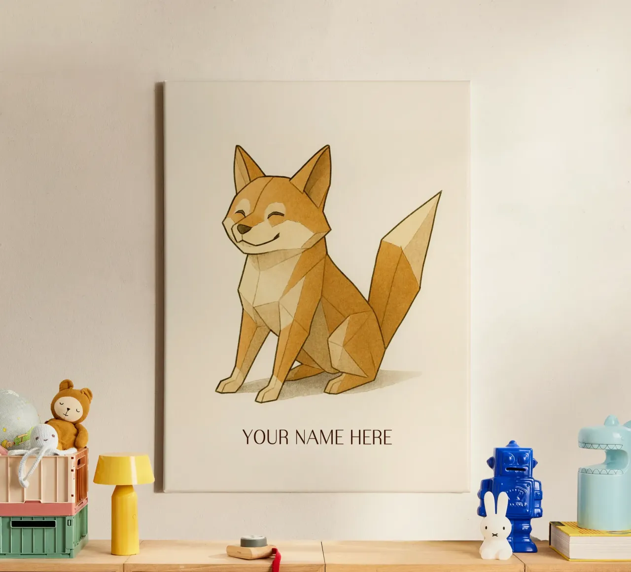Origami Shiba Inu with Personalised First Name canvas by japanfox