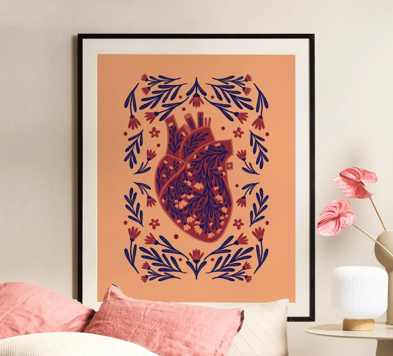 Cuore anatomico floreale - marrone e indaco poster con telaio in alluminio da Wackapacka