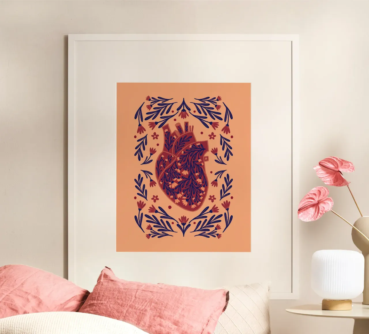 Cuore anatomico floreale - marrone e indaco poster con telaio in alluminio da Wackapacka