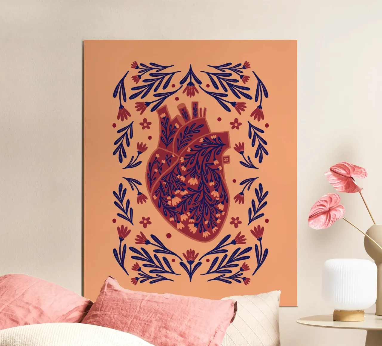 Cuore anatomico floreale - marrone e indaco poster con telaio in alluminio da Wackapacka