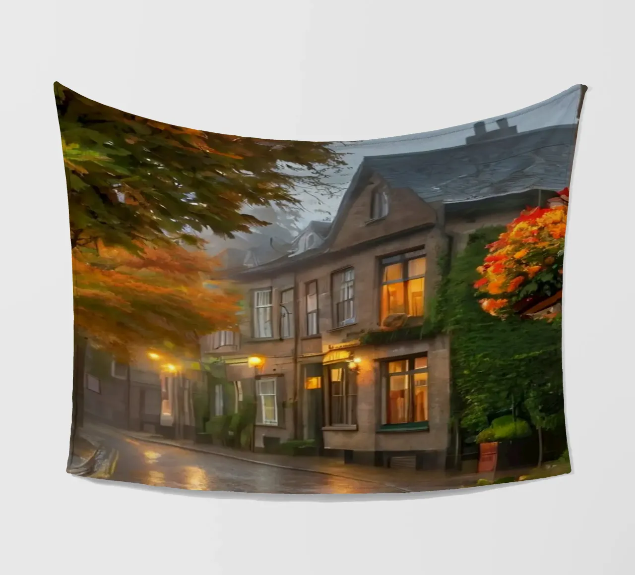 Incantevole strada acciottolata con alberi autunnali e luce calda coperta in pile da DesignDoodle