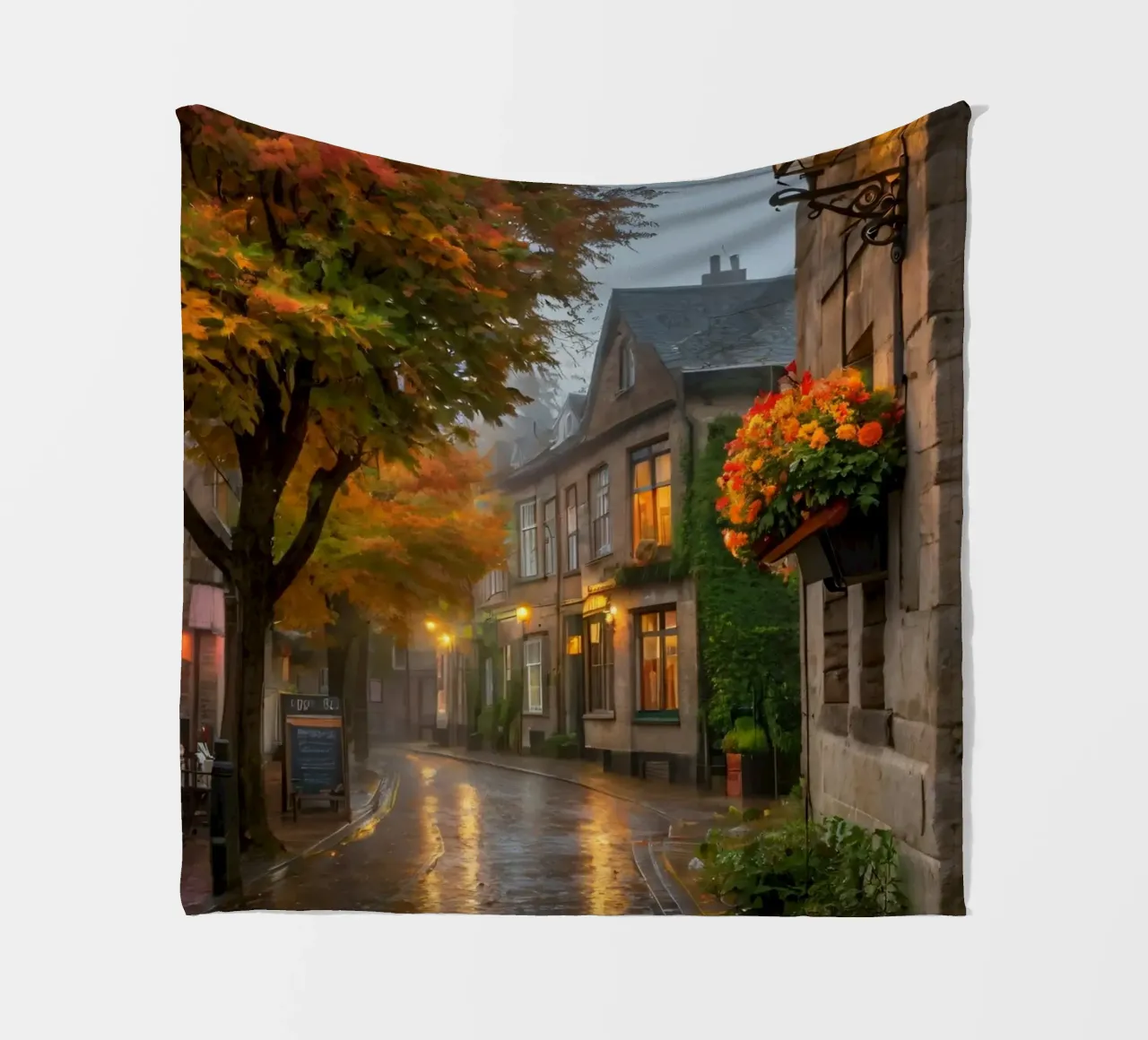 Incantevole strada acciottolata con alberi autunnali e luce calda coperta in pile da DesignDoodle