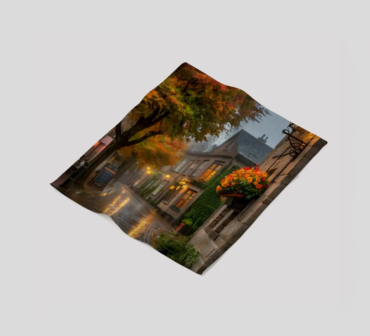 Incantevole strada acciottolata con alberi autunnali e luce calda coperta in pile da DesignDoodle