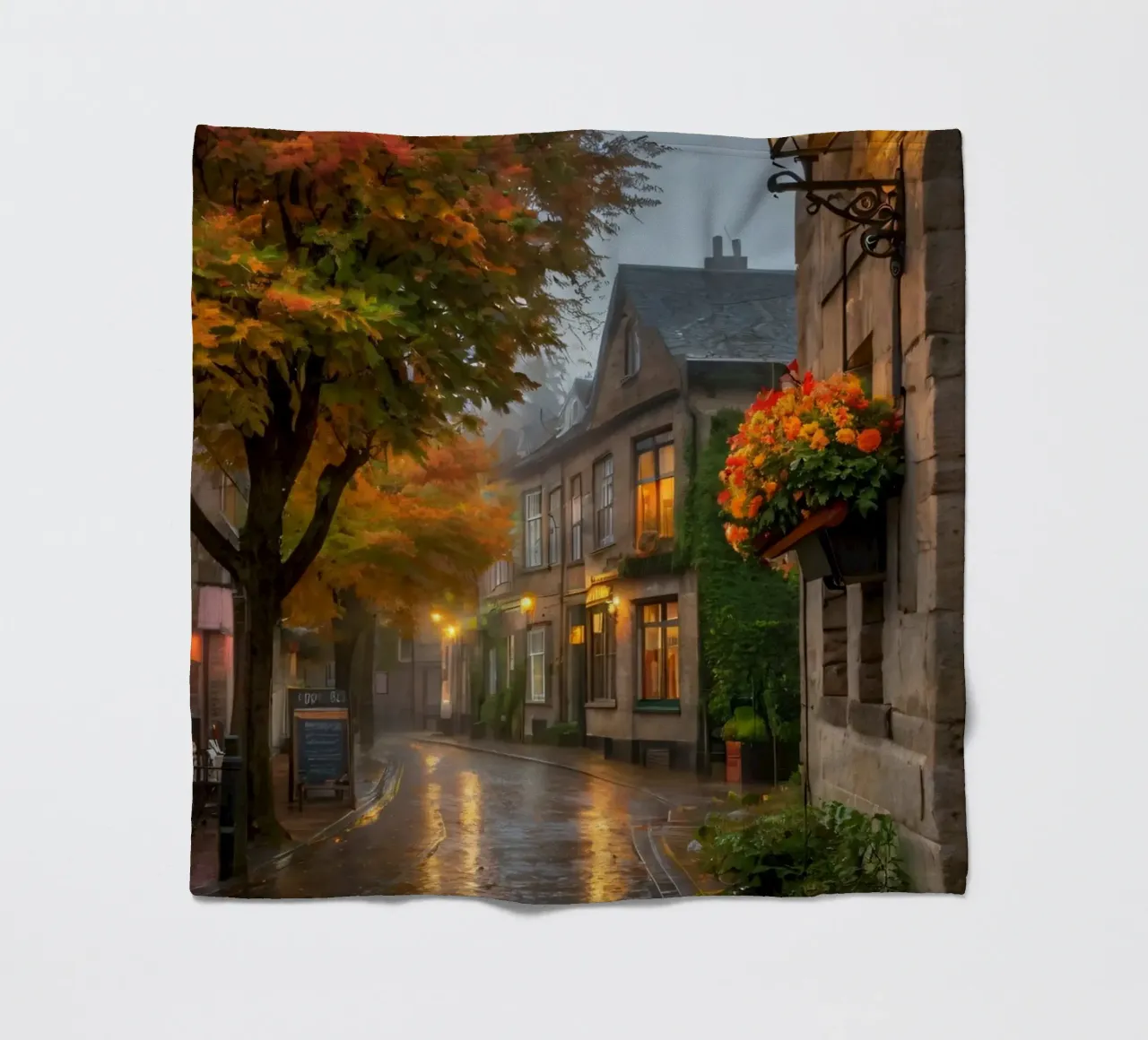 Incantevole strada acciottolata con alberi autunnali e luce calda coperta in pile da DesignDoodle