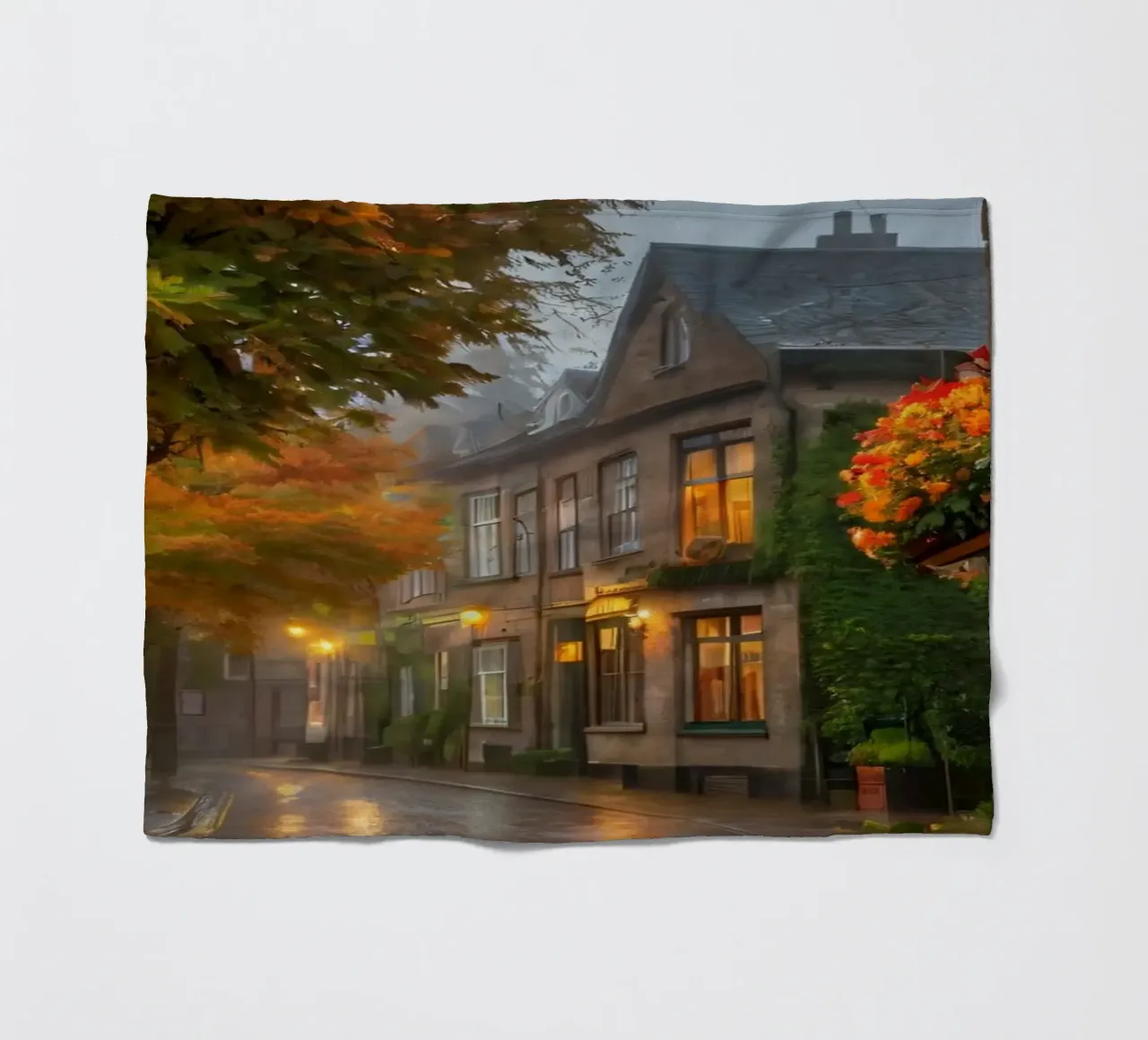 Incantevole strada acciottolata con alberi autunnali e luce calda coperta in pile da DesignDoodle