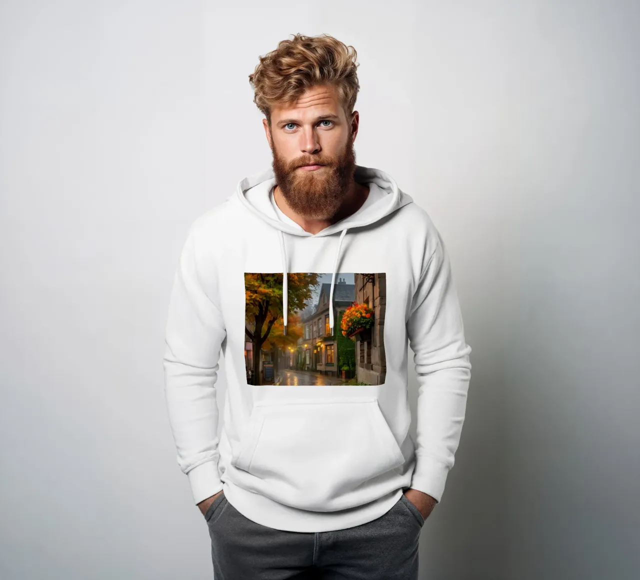 Incantevole strada acciottolata con alberi autunnali e luce calda felpa con cappuccio da DesignDoodle