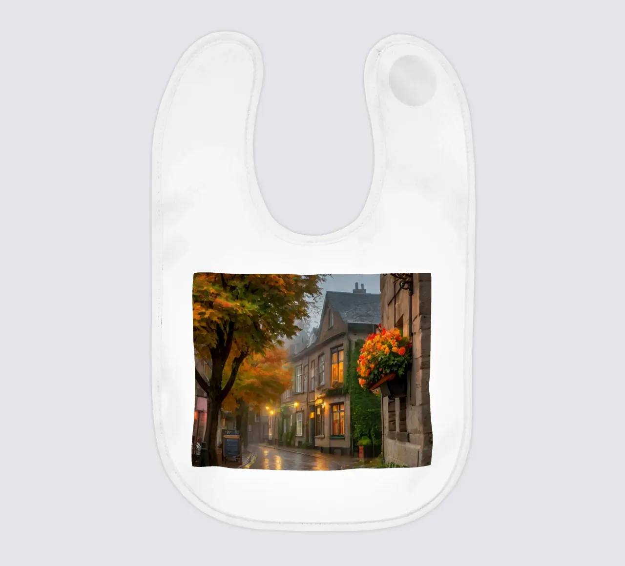 Incantevole strada acciottolata con alberi autunnali e luce calda bavaglino da DesignDoodle