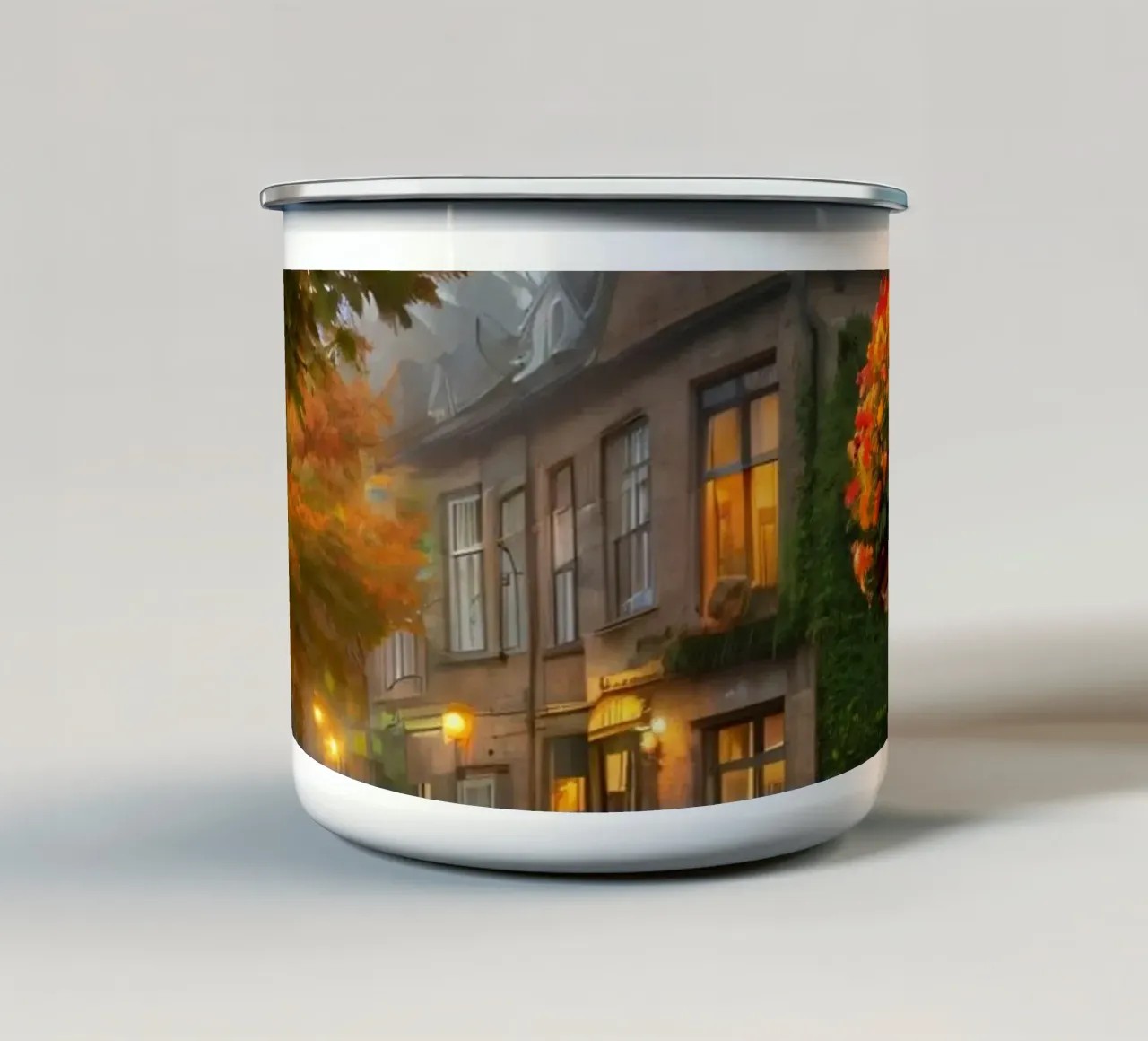 Incantevole strada acciottolata con alberi autunnali e luce calda tazza in smalto da DesignDoodle