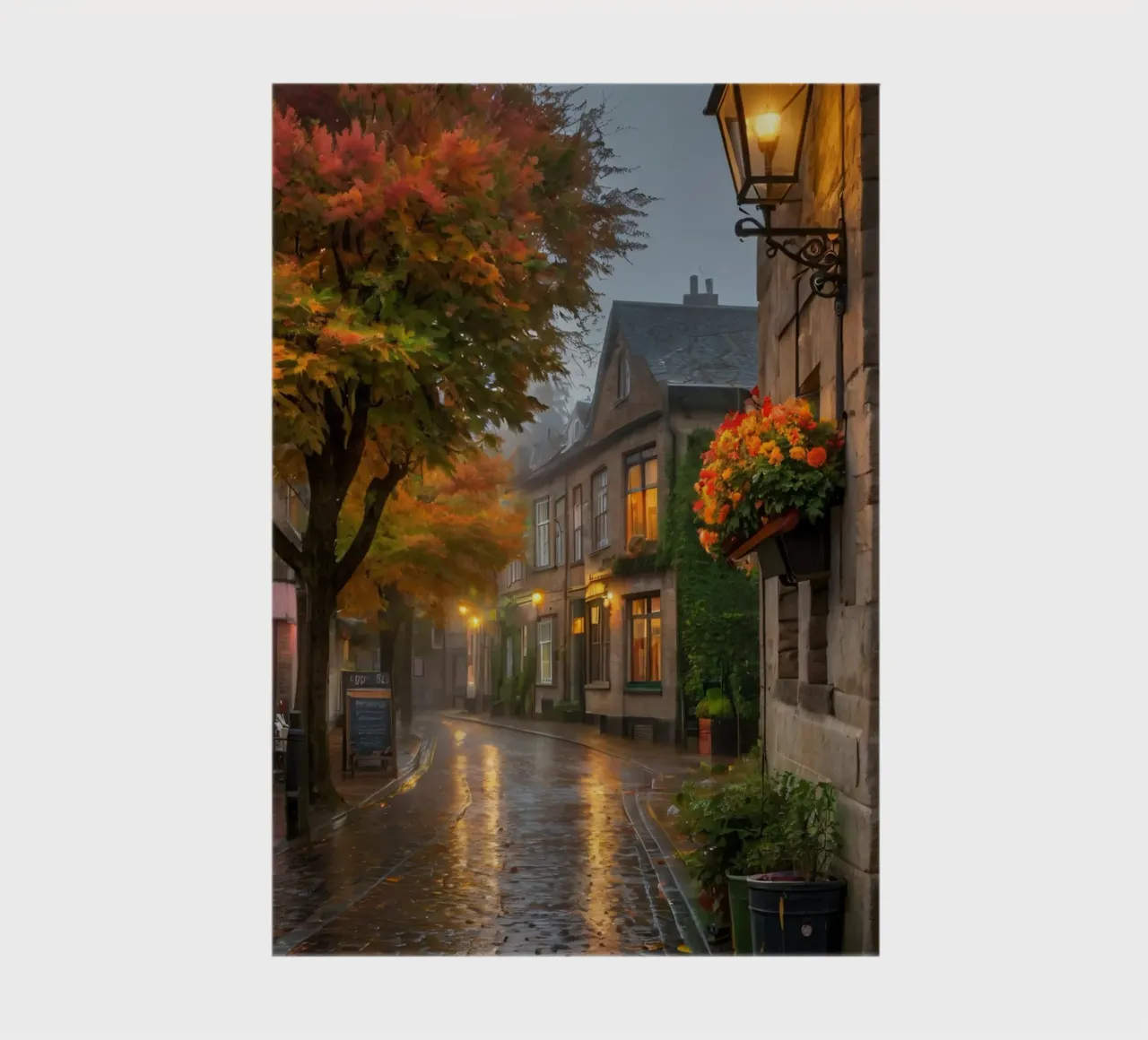 Incantevole strada acciottolata con alberi autunnali e luce calda diario da DesignDoodle