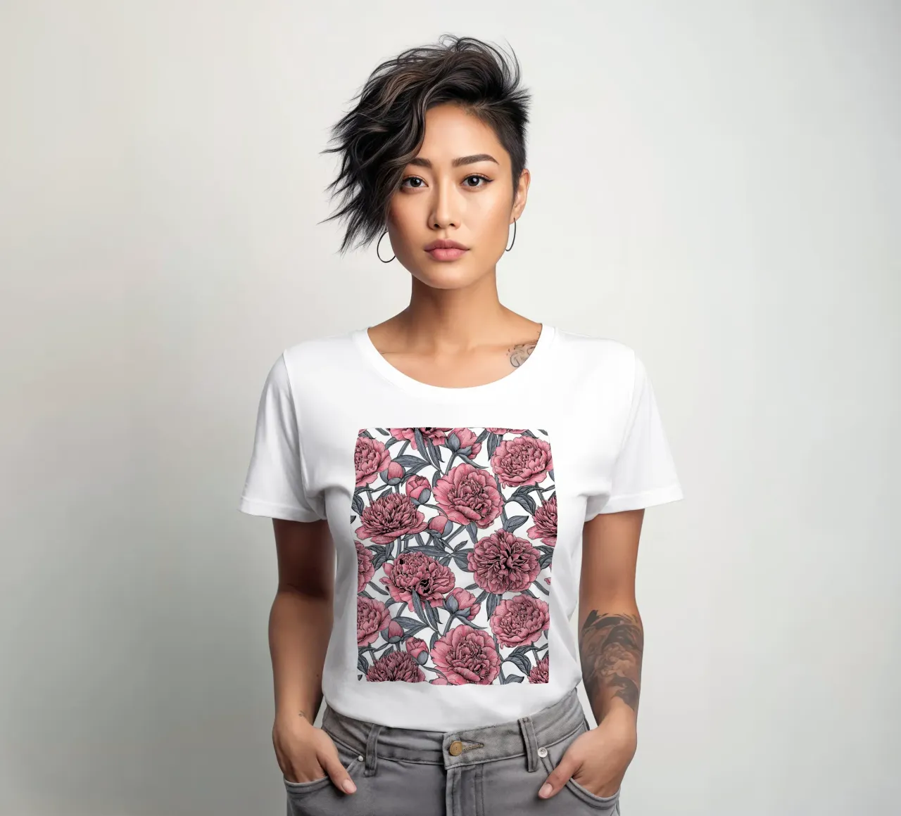 Pink peony garden women's fitted t-shirt by Painted Nature