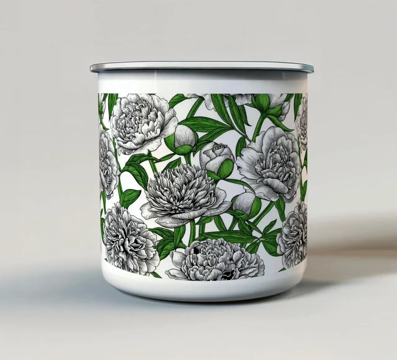 Witte pioenrozentuin emaille mok van Painted Nature