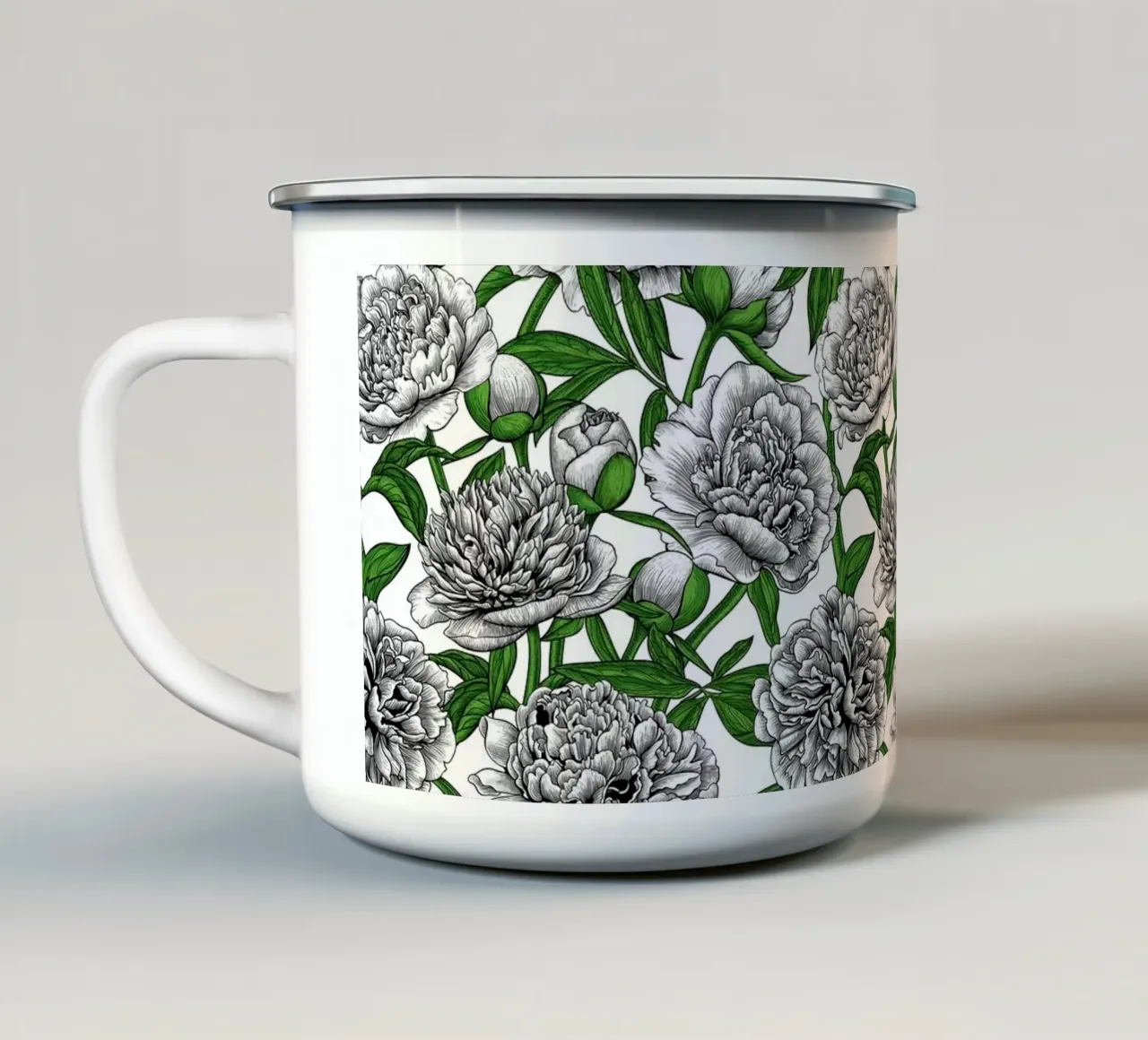 Witte pioenrozentuin emaille mok van Painted Nature