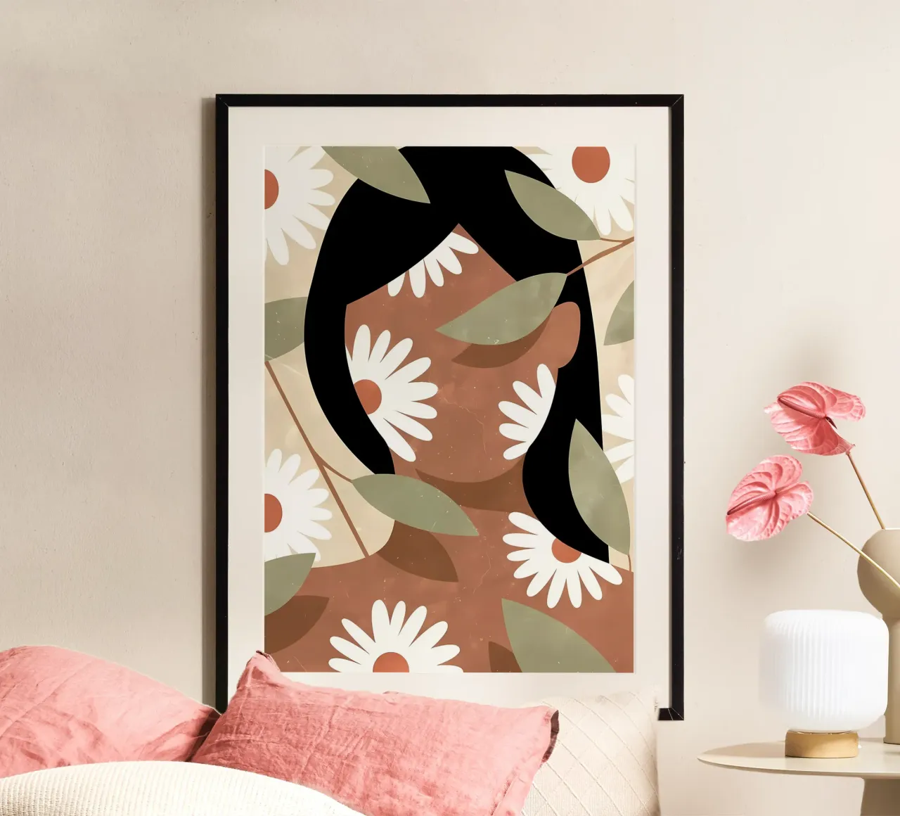 Donna e margherite Estetica Fiori Vintage Retro poster con telaio in alluminio da diedrich