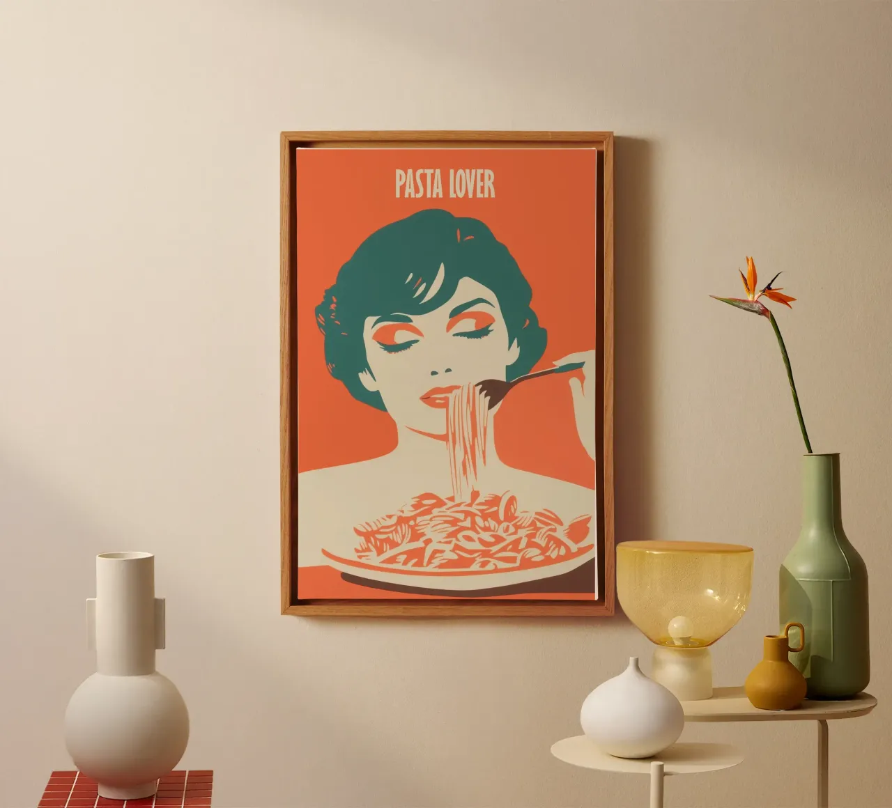 Pasta Lover | Kitchen poster in the style of the 60s canvas with Floater frame by Autofocus