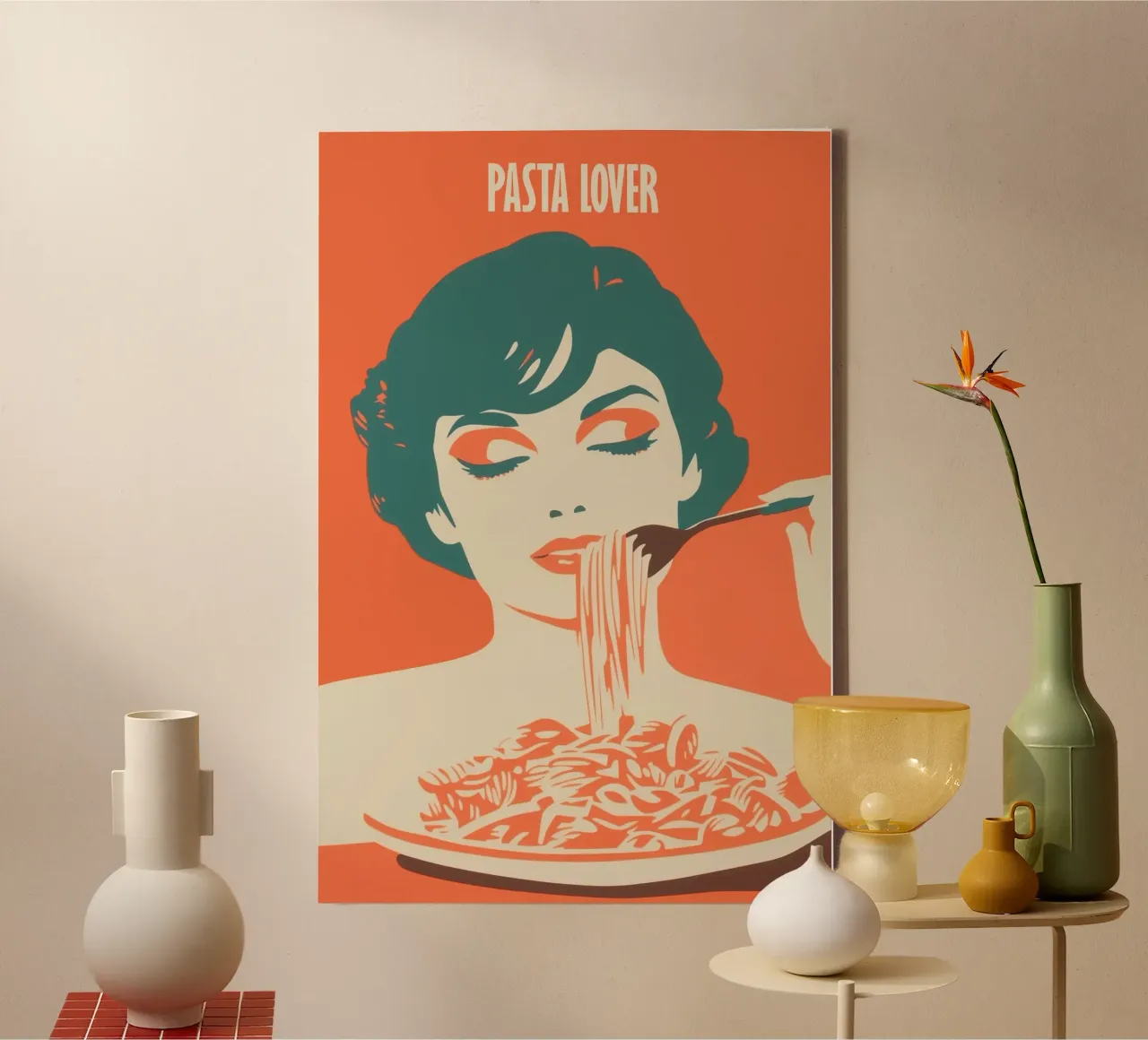 Pasta Lover | Kitchen poster in the style of the 60s canvas with Floater frame by Autofocus