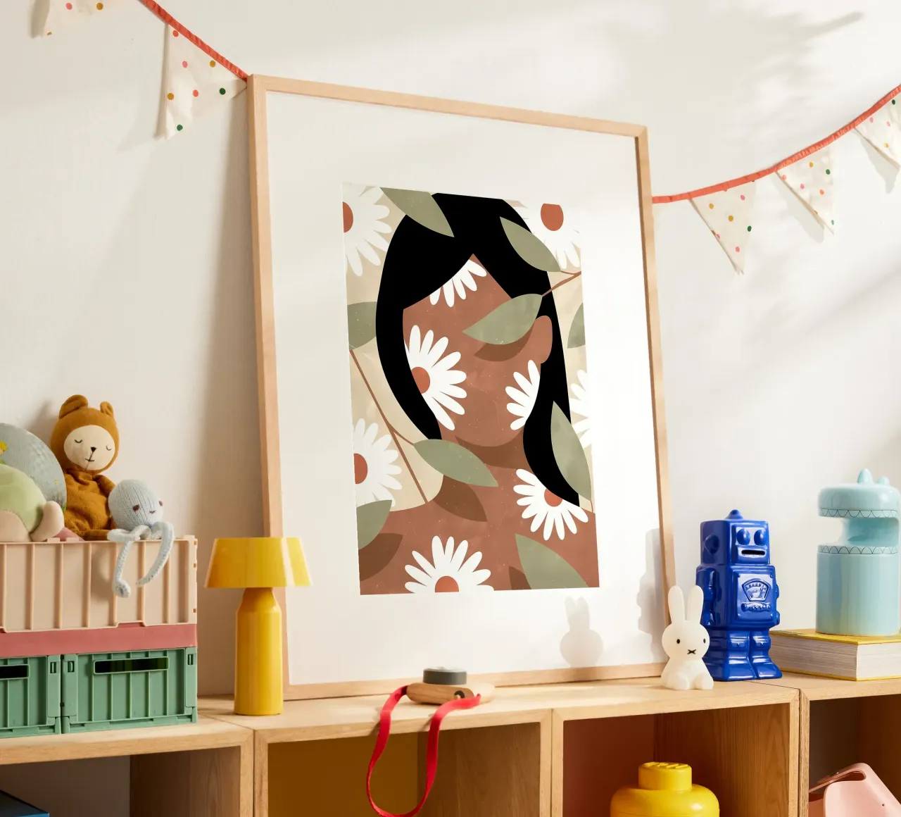 Donna e margherite Estetica Fiori Vintage Retro poster con telaio in legno da diedrich