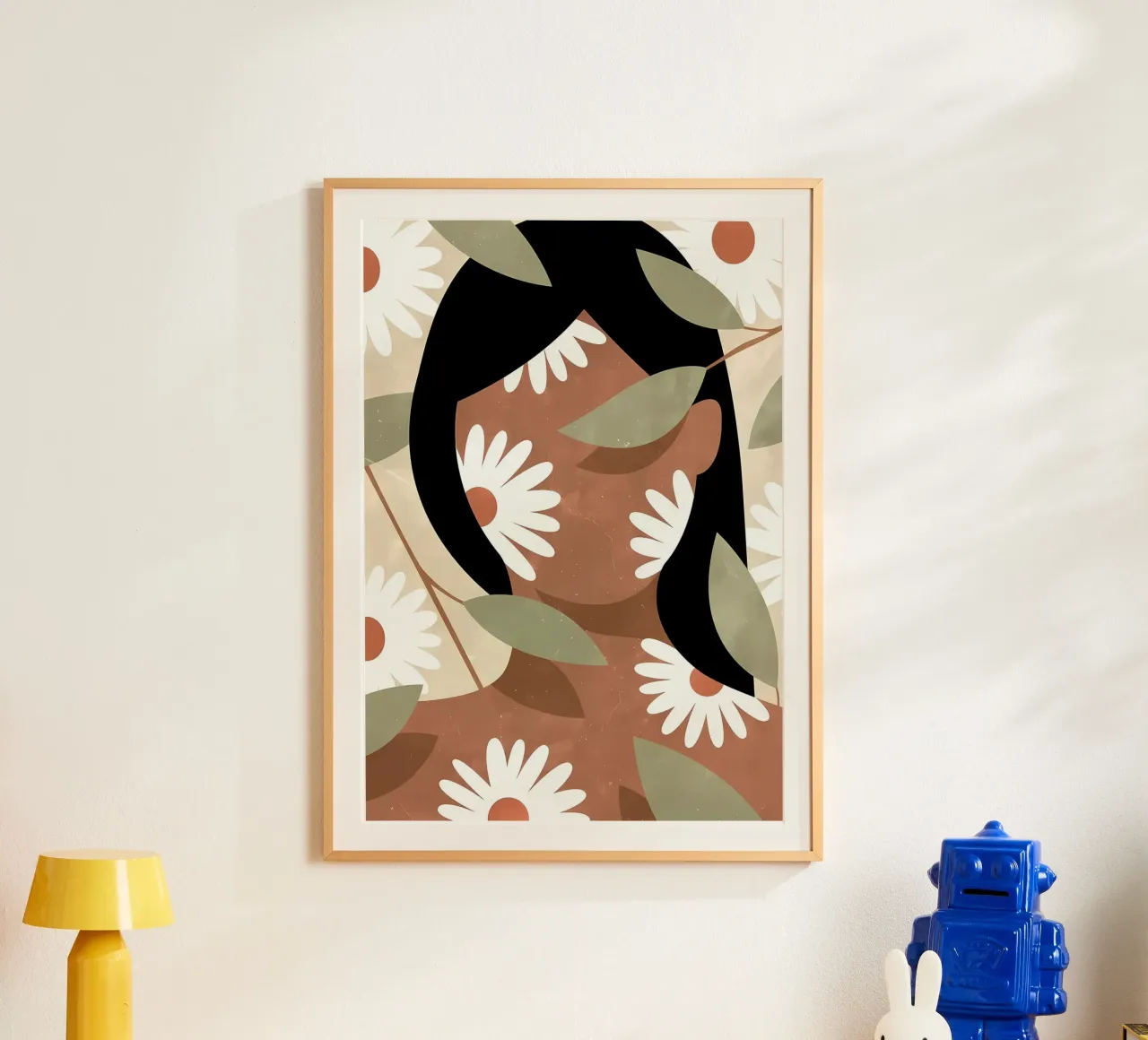 Donna e margherite Estetica Fiori Vintage Retro poster con telaio in legno da diedrich