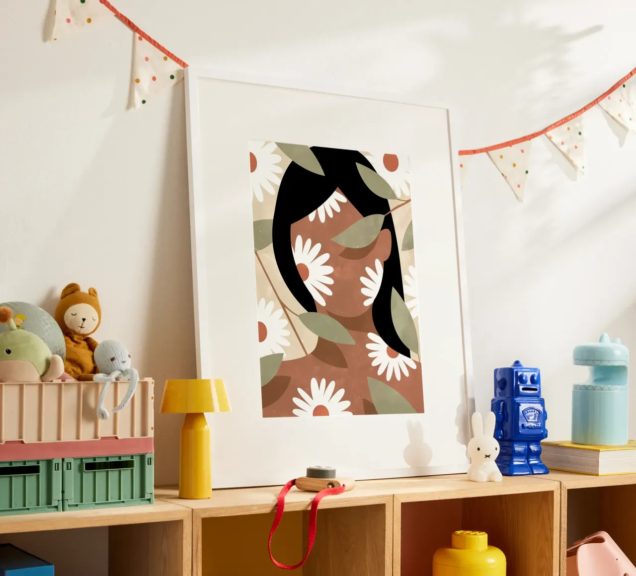 Donna e margherite Estetica Fiori Vintage Retro poster con telaio in legno da diedrich