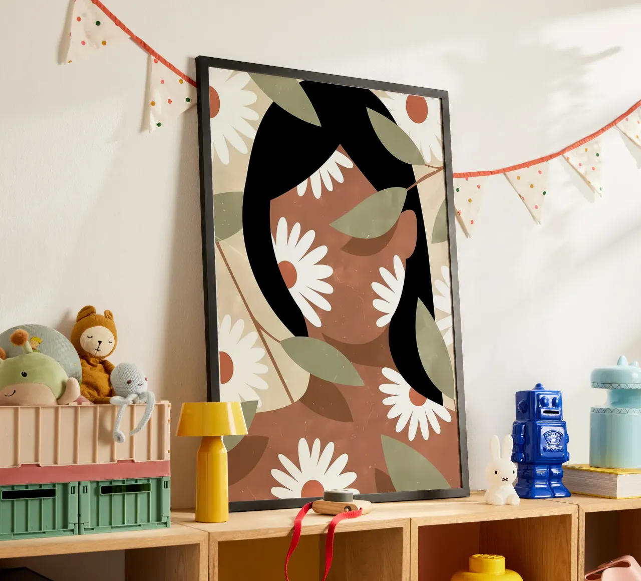 Donna e margherite Estetica Fiori Vintage Retro poster con telaio in legno da diedrich