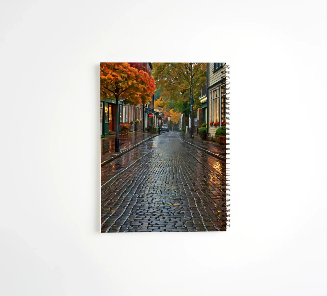 Charming cobblestone street lined with trees spiral notebook by DesignDoodle